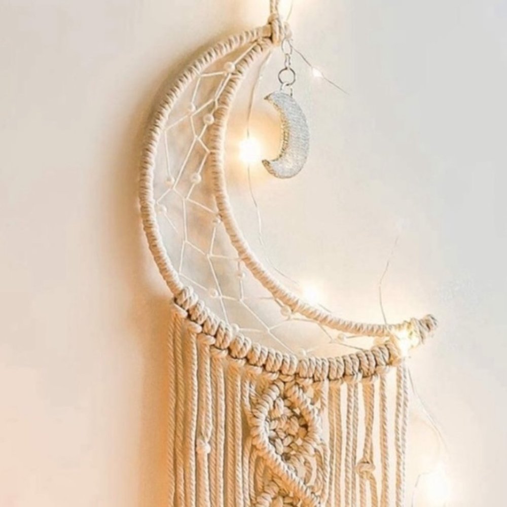 Macrame Wall Hanging Moon W/ Lights String Decor
